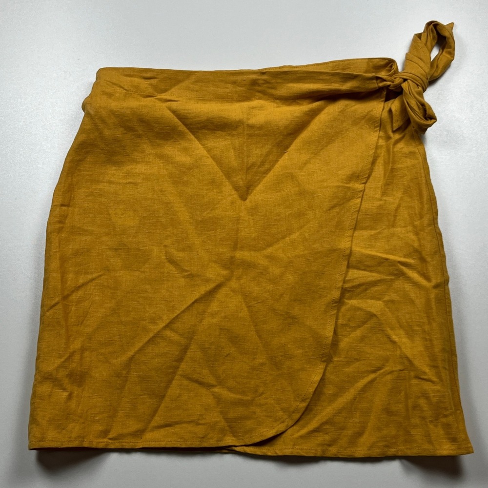 Zara Linen Blend Wrap Skirt Size S Mustard Yellow Side Tie Tulip Hem Summer Mini